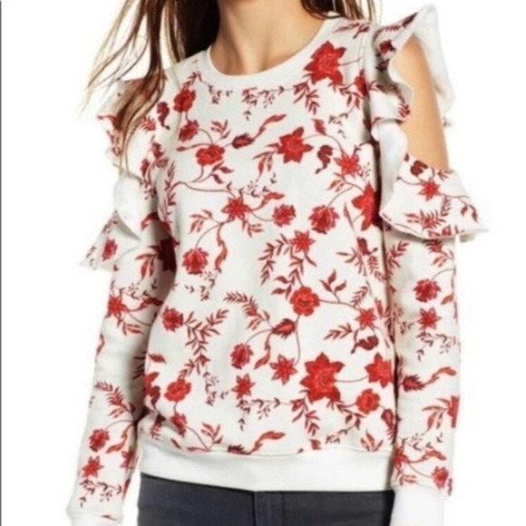 Rebecca Minkoff Gracie Ruffle Cold Shoulder Floral Sweatshirt Size Sm White Red - Picture 1 of 6